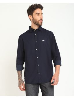 Guess - Men's Navy Blue Solid Regular Fit Full Sleeve Shirt