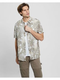 Guess - Men's Green Viscose Printed Slim Fit Short Sleeve Shirt