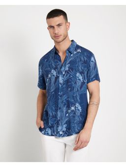 Guess - Men's Blue Viscose Printed Slim Fit Short Sleeve Shirt