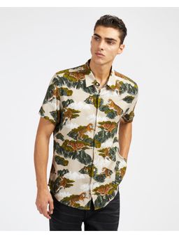 Guess - Men's Beige Viscose Printed Slim Fit Short Sleeve Shirt