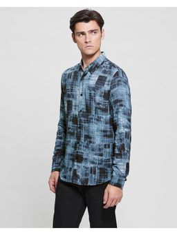 Guess - Men's Blue Viscose Printed Regular Fit Full Sleeve Shirt