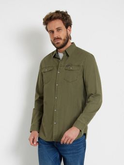 Guess - Men Olive Solid Comfort Fit Twill Pigment Coated Shirt