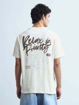Flying Machine - Men's Typographic Printed Relaxed Fit T-Shirt - Off White