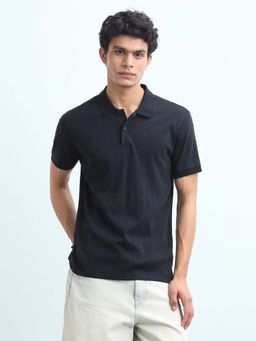 Flying Machine - Men's Self Design Vertical Striped Regular Fit Polo T-Shirt - Navy Blue