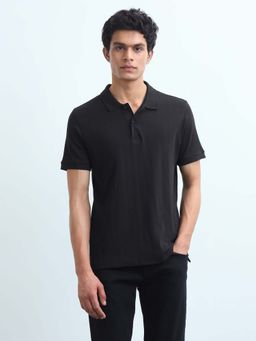 Flying Machine - Men's Self Design Vertical Striped Regular Fit Polo T-Shirt - Black
