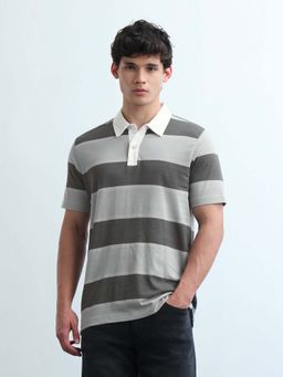 Flying Machine - Men's Horizontal Striped Regular Fit Polo T-Shirt - Grey