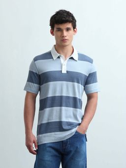 Flying Machine - Men's Horizontal Striped Regular Fit Polo T-Shirt - Blue