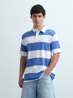 Flying Machine - Men's Horizontal Striped Relaxed Fit Polo T-Shirt - Blue