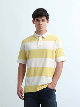 Flying Machine - Men's Horizontal Striped Relaxed Fit Polo T-Shirt - Yellow