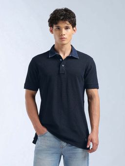 Flying Machine - Men's Textured Regular Fit Polo T-Shirt - Navy Blue