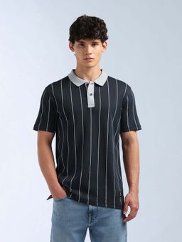 Flying Machine - Men's Vertical Striped Regular Fit Polo T-Shirt - Navy Blue