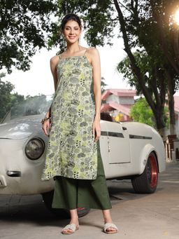 Stylum - Green Floral Printed Cotton Straight Kurta with Palazzo (Set of 2)