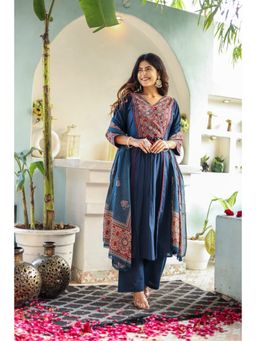 Stylum - Blue Ajrakh Printed A-Line Kurta with Pant and Dupatta (Set of 3)