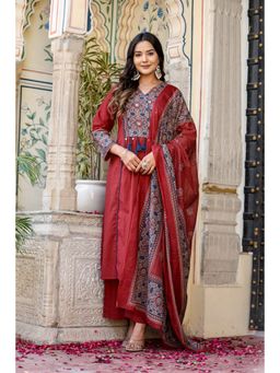 Stylum - Maroon Ajrakh Printed A-Line Kurta with Pant and Dupatta (Set of 3)