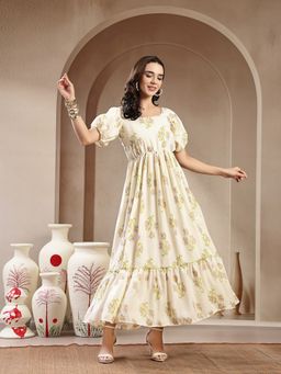 Stylum - Off White Floral Printed Rayon Tiered Dress
