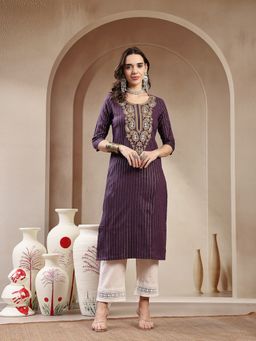 Stylum - Women's Wine Solid and Embroidered Rayon Straight Chicken Kurta