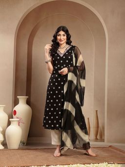 Stylum - Women Black Floral Printed Rayon A-Line Kurta with Dupatta