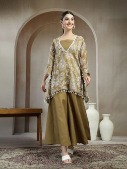 Stylum - Green Paisley Printed Crop Top with Kaftan and Sharara