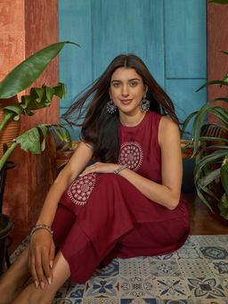 Stylum - Women Maroon Embroidered Rayon Straight Co-Ord Set