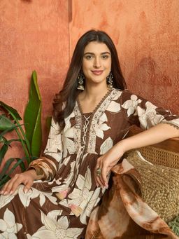 Stylum - Women Brown Floral Printed Crepe A-Line Kurta With Palazzo & Dupatta