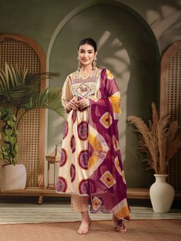Stylum - Women Wine Bandhej Printed A-Line Kurta With Pant & Dupatta