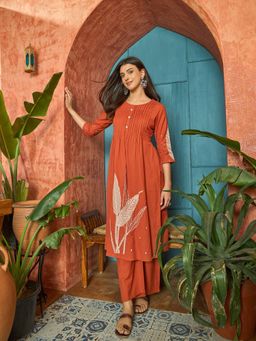 Stylum - Women Orange Embroidered Cotton A-Line Kurta With Pant