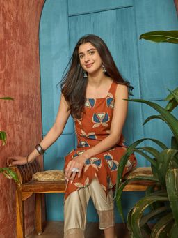 Stylum - Women's Rust Block Printed Cotton Straight Kurta