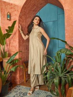 Stylum - Women's Beige Solid Patch Work Poly Silk A-line Kurta With Pant