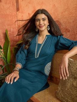 Stylum - Women's Blue Solid Embroidered Cotton A-line Kurta With Pant