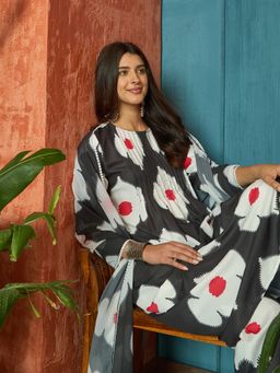 Stylum - Women's Black Floral Printed Rayon A-Line Kurta With Pant & Dupatta