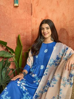 Stylum - Women's Blue Floral Printed Rayon A-Line Kurta With Pant & Dupatta