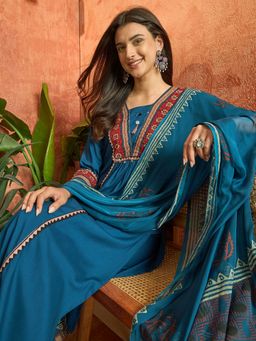Stylum - Women's Blue Solid Rayon A-Line Kurta With Palazzo & Dupatta
