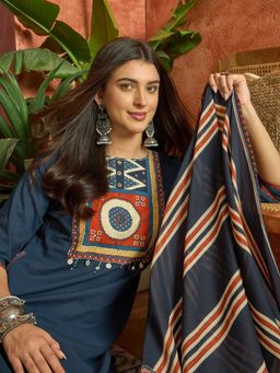 Stylum - Women's Blue Mirror Work Cotton Straight Kurta With Pant & Dupatta