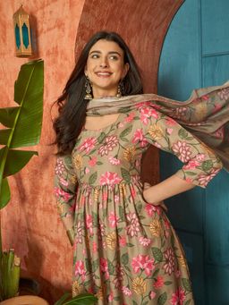 Stylum - Women's Brown Floral Printed Rayon Anarkali Kurta With Pant & Dupatta