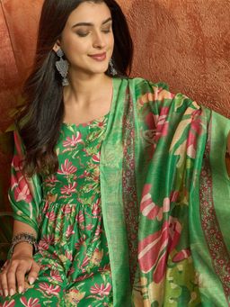 Stylum - Women's Green Floral Printed Rayon Flared Kurta With Palazzo & Dupatta