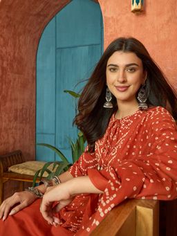Stylum - Women's Rust Bandhej Mirror Work Cotton straight Kurta With Pant & Dupatta