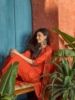 Stylum - Women's Rust Mirror Work Rayon A-Line Kurta With Palazzo & Dupatta