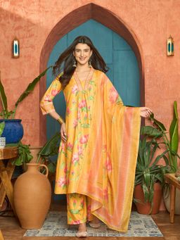 Stylum - Women's Yellow Floral Printed Rayon Anarkali Kurta With Pant & Dupatta