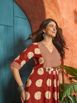 Stylum - Women's Wine Floral Printed Cotton Flared Dress