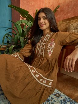 Stylum - Women's Brown Woven Embroidered Cotton Dobby Tiered Dress