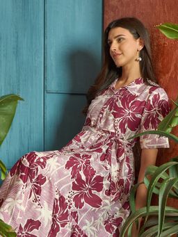 Stylum - Women's Rust Block Printed Cotton Flared Dress