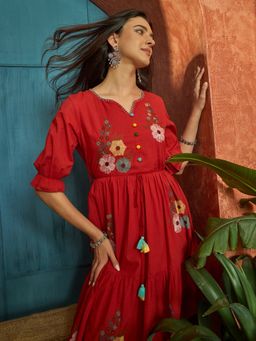 Stylum - Women's Red Solid & Embroidered Cotton Tiered Dress With Belt