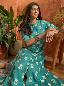 Stylum - Women's Aqua Printed Rayon A-Line Kurta