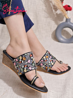 Shoetopia - Ethnic Embroidered Black Wedges