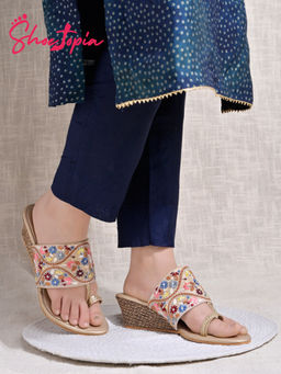 Shoetopia - Ethnic Embroidered Golden Wedges