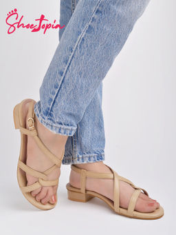 Shoetopia - Solid Criss-Cross Straps Beige Heeled Sandals