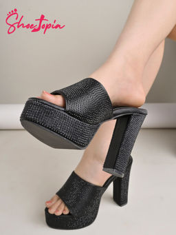 Shoetopia - Embellished Black Block Heels
