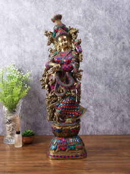 HomeTown - Tirth Brass Radha Stone Work Figurine 21X73Cm in Multi Colour