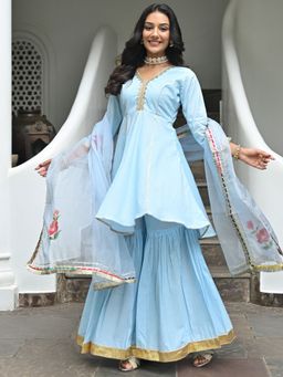 Lavanya The Label - Sky Blue Hand Paint Sharara (Set of 3)