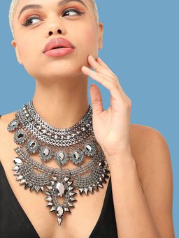 Sohi - Silver Plated Party Designer Stone Statement Necklace For Women